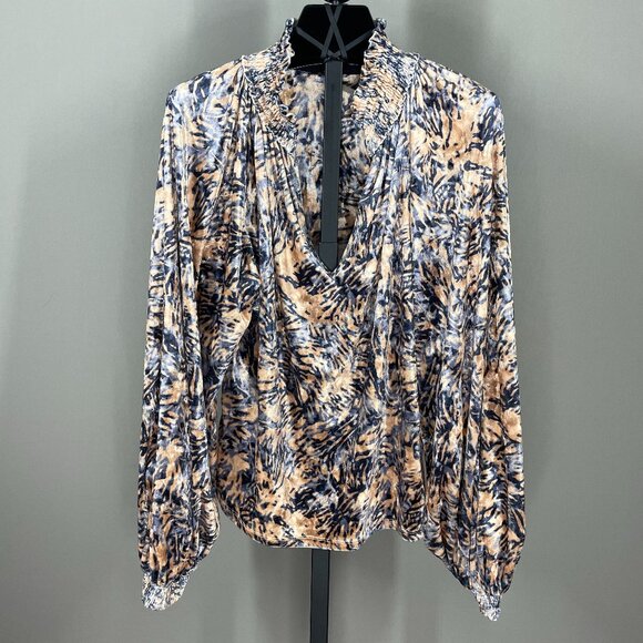 Free People Tops - Free People Shirt Womens Large blue orange velour balloon sleeve boho casual